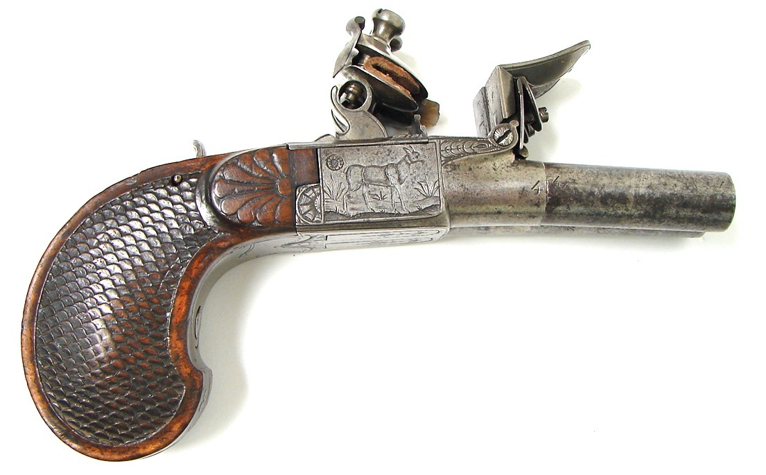 Belgian Double Barrel Flintlock approximately .45 caliber pistol. (AH2902)