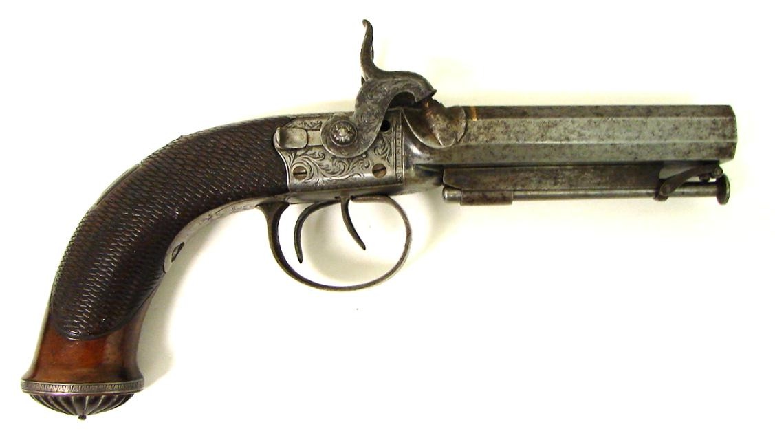 English Double Barrel Percussion approximately .48 caliber pistols (AH3085 )