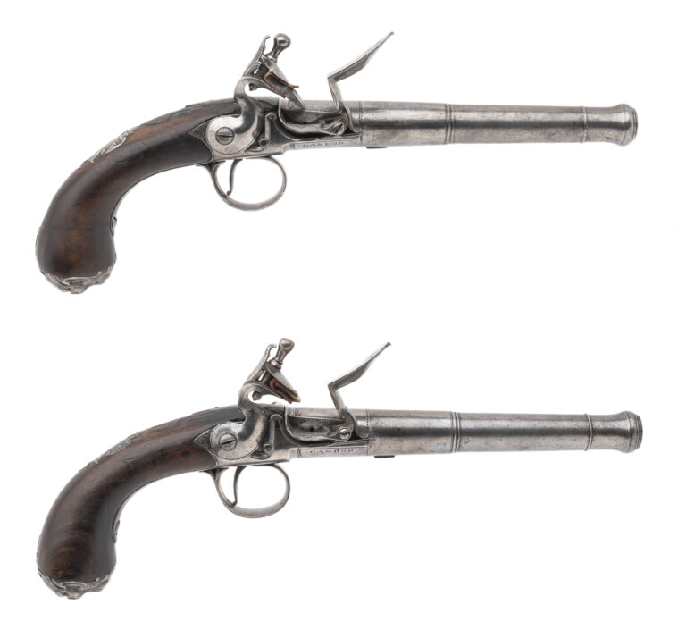 Pair of Silver Mounted Queen Anne Pistols by Gandon W/ Grotesque