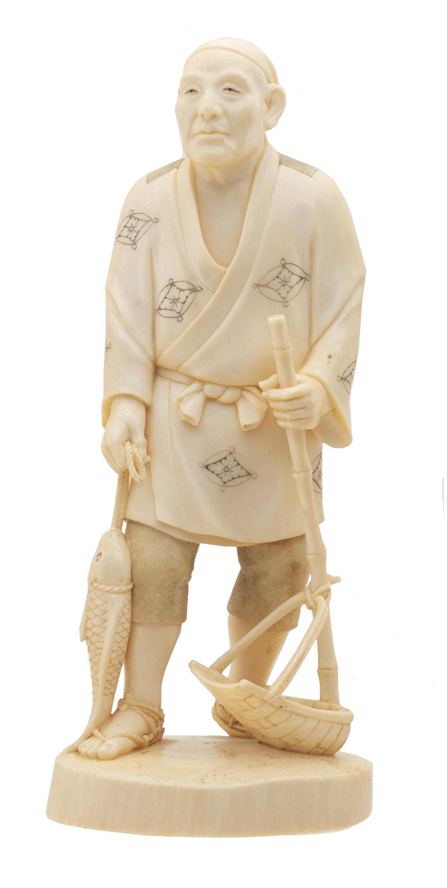 Japanese Hand-Crafted Ivory Fisherman Statuette (J470)