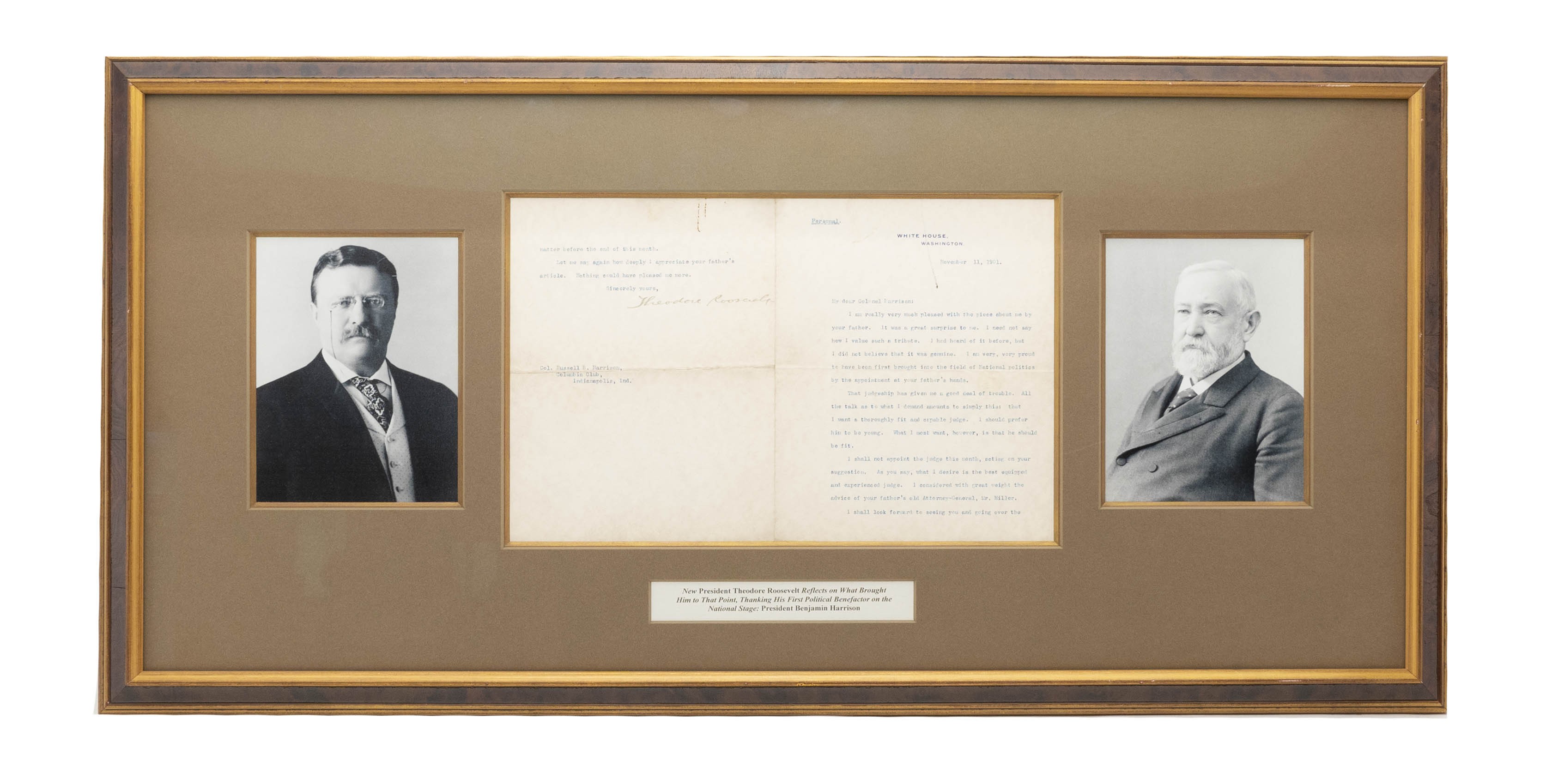 Signed Letter from Theodore Roosevelt to Russel Harrison, Framed. (MIS1353)