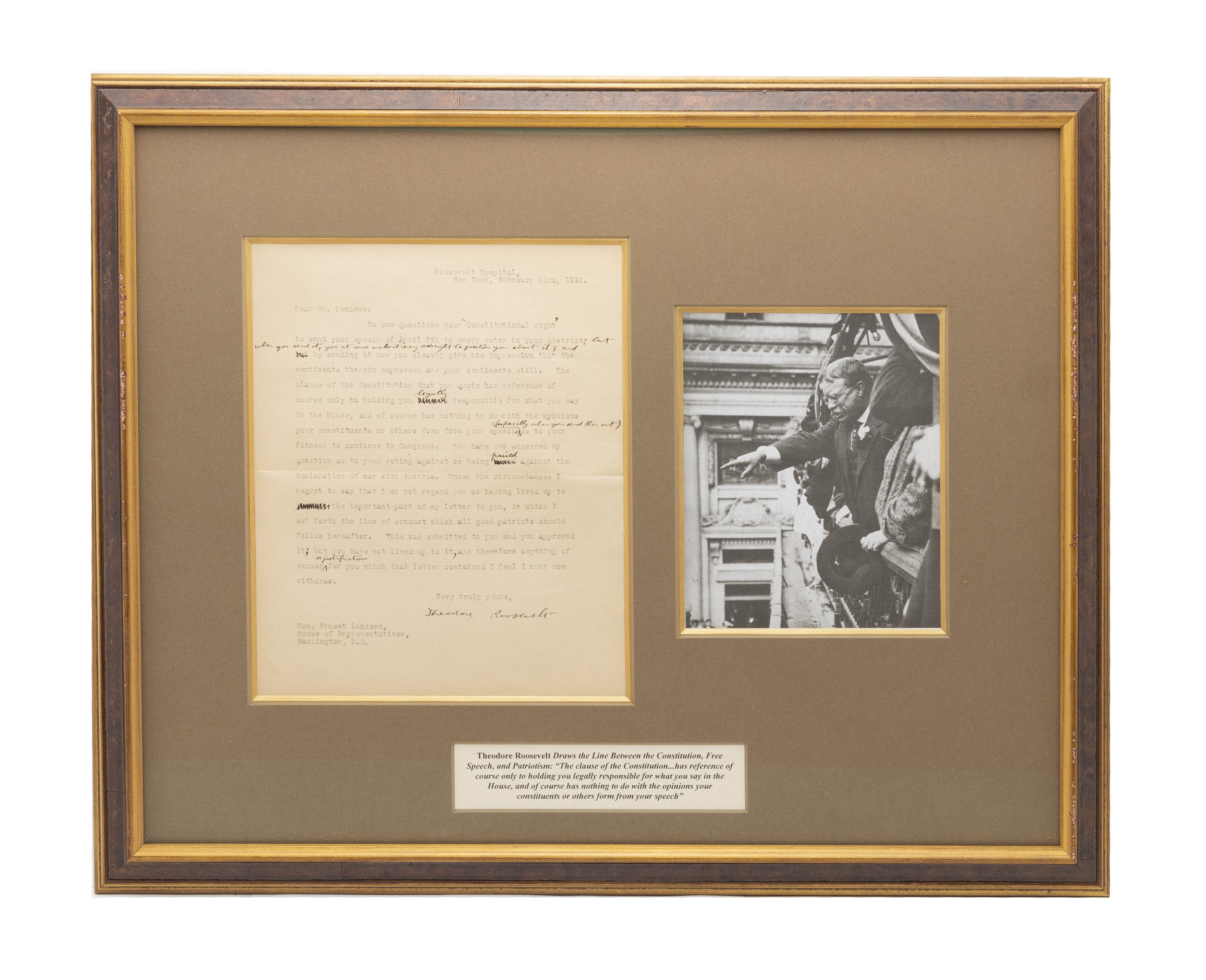 Theodore Roosevelt Signed Letter to U.S. Senator, Framed (MIS1354)