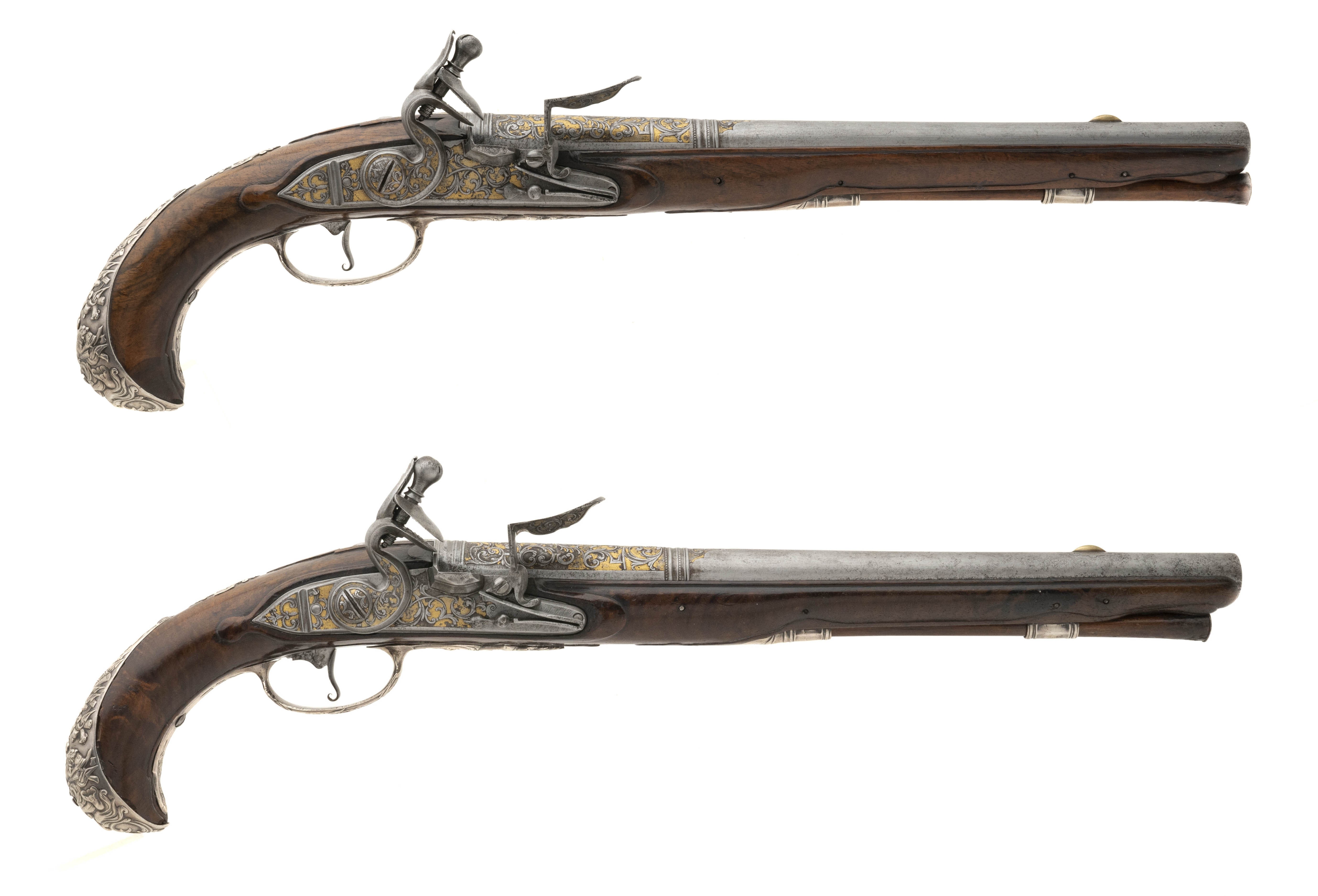 Exquisite French Gilt Engraved Silver Mounted Flintlock Pistols (AH8059)