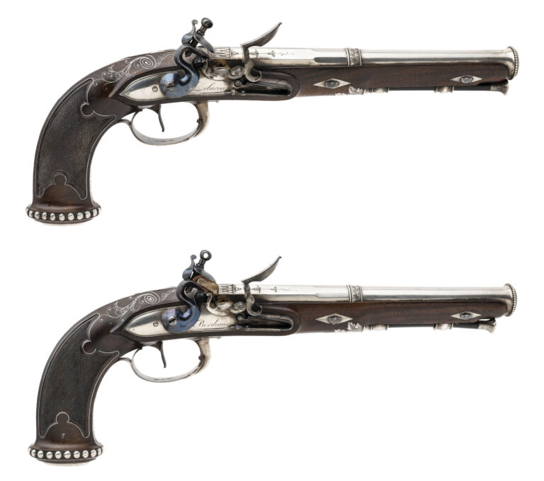 Beautiful Pair of French Silver Mounted Empire Flintlock Pistols by DELAROA