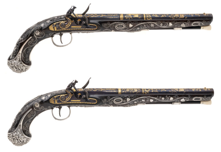 Beautiful Pair of Gilded and Silver Hall Marked Flintlock Pistols by Richards