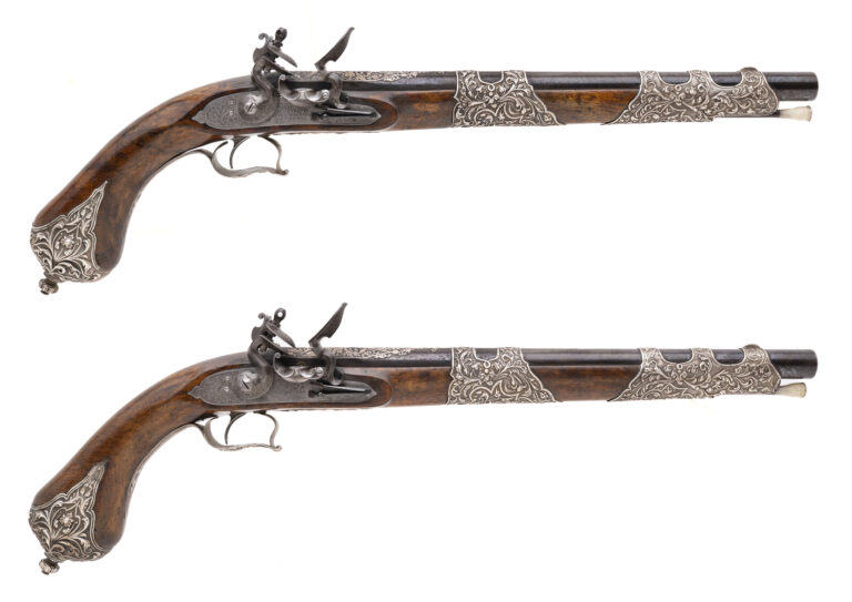Beautiful Pair of Silver Mounted LePage Flintlock Pistols