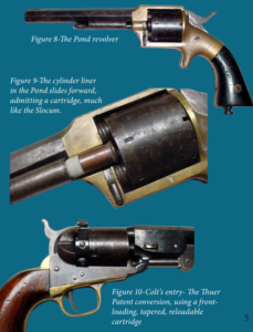 Screenshot 2025 04 02 100015 The Pond revolver The cylinder liner in the Pond slides forward, admitting a cartridge, much like the Slocum. Colt’s entry- The Thuer Patent conversion, using a frontloading, tapered, reloadable cartridge