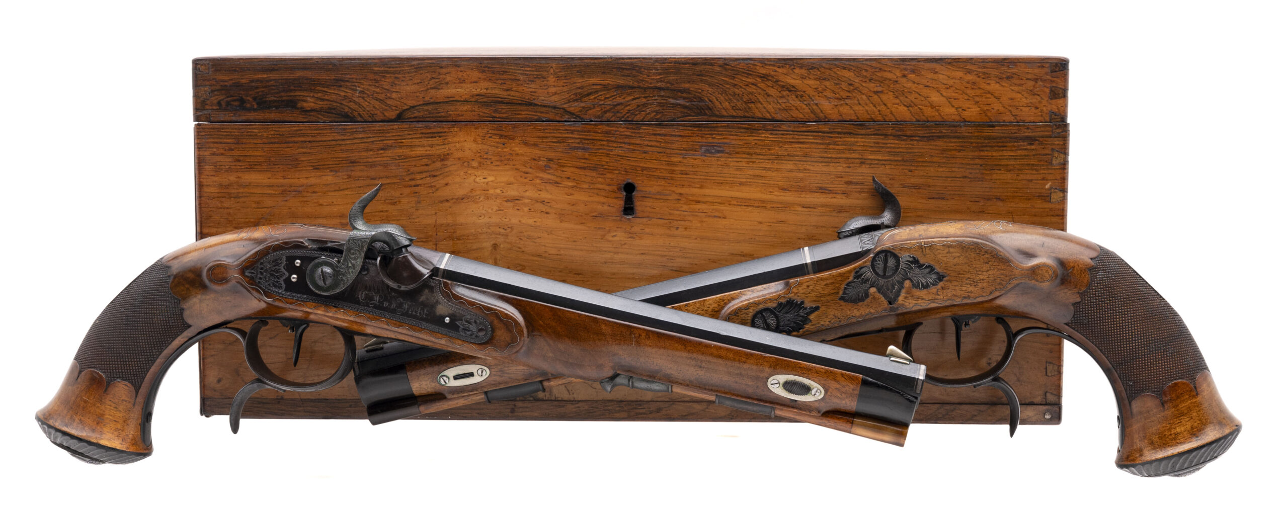 Beautiful Cased Pair of Christian Ludwig Von Der Fecht Pistols in Vertical Case (AH9024) 