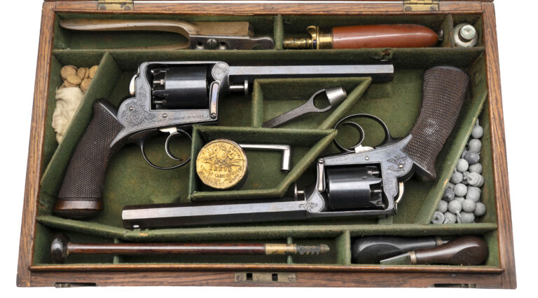Cased Double Pair of Adams Patent Model 1851 Revolvers Retailor Marked