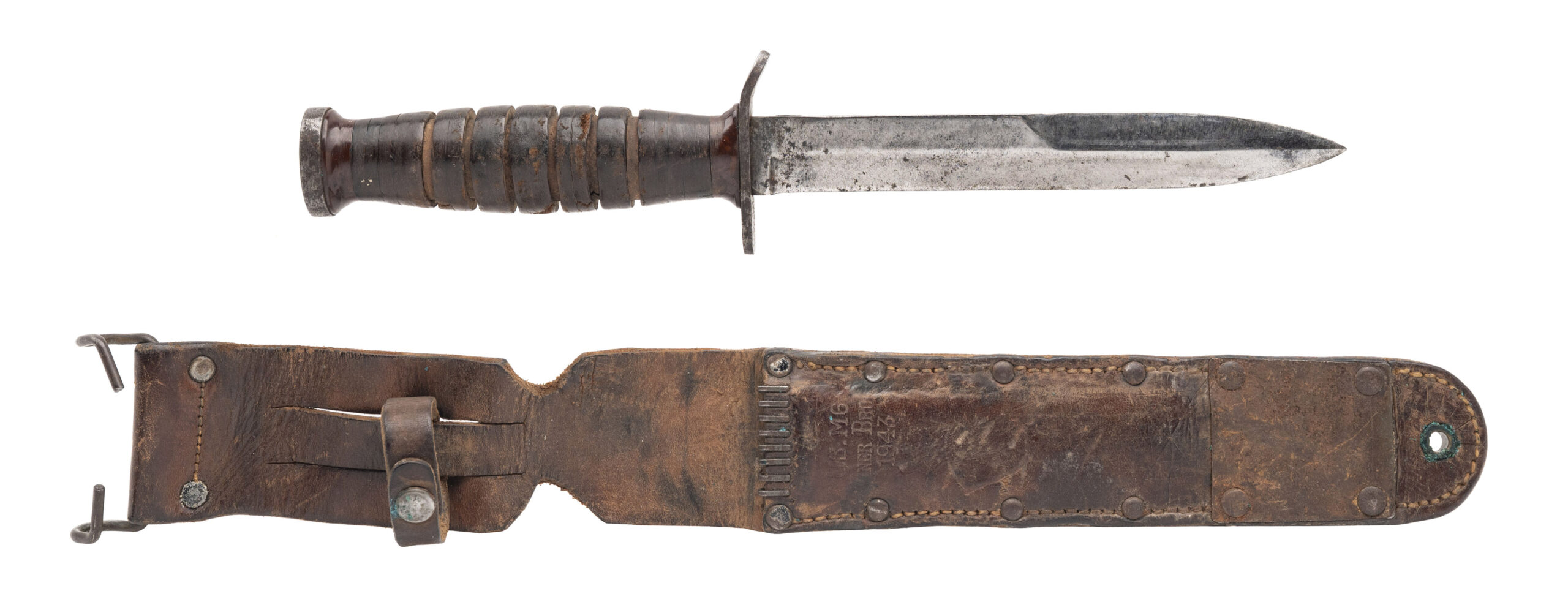 ORIGINAL WW2 IMPERIAL M3 FIGHTING KNIFE IN 1943 VINER BROS. M6 SHEATH (MEW4323)