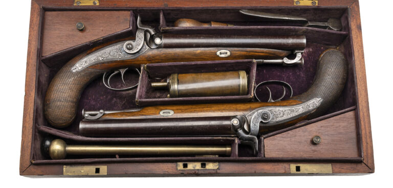 Double Cased Pair of Double Barrel Percussion Pistols by Rabone Brothers & Company