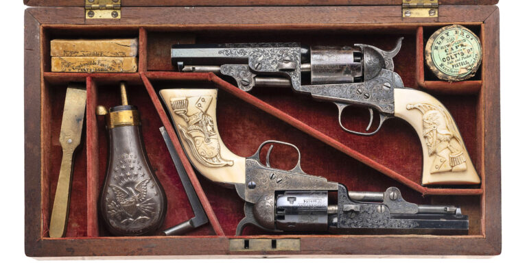 Beautiful Double Cased Set of Factory Engraved Colt 1849 Pocket Revolvers w/ Carved Ivory Grips