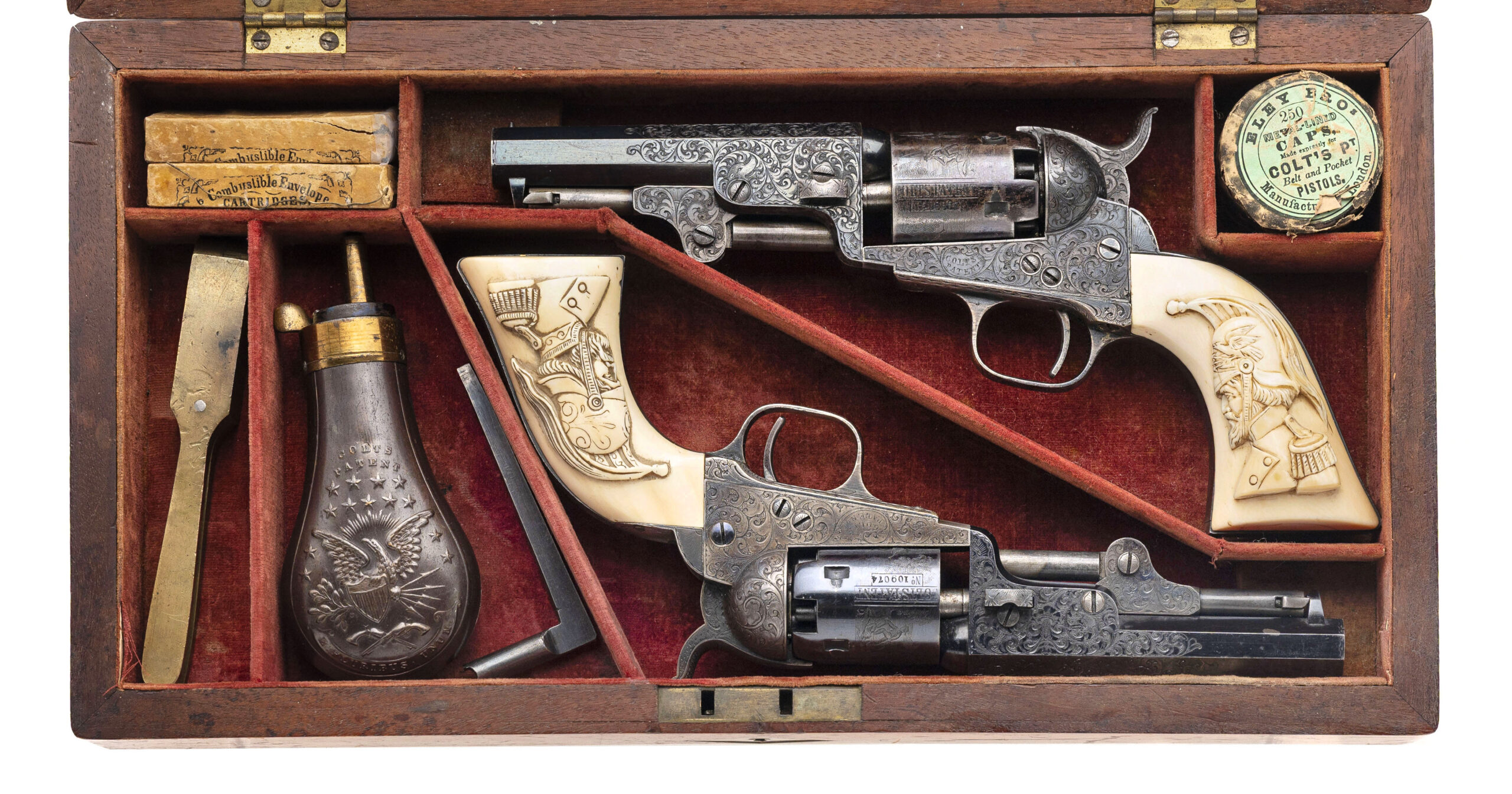 Beautiful Double Cased Set of Factory Engraved Colt 1849 Pocket Revolvers w/ Carved Ivory Grips (76217) 