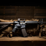 Military-style rifle displayed on tactical gear, representing proper firearm storage and preservation for antique gun collections.