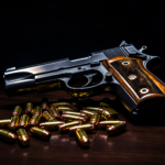 Classic collectible military-style handgun displayed with ammunition on a wooden surface for firearm collectors.