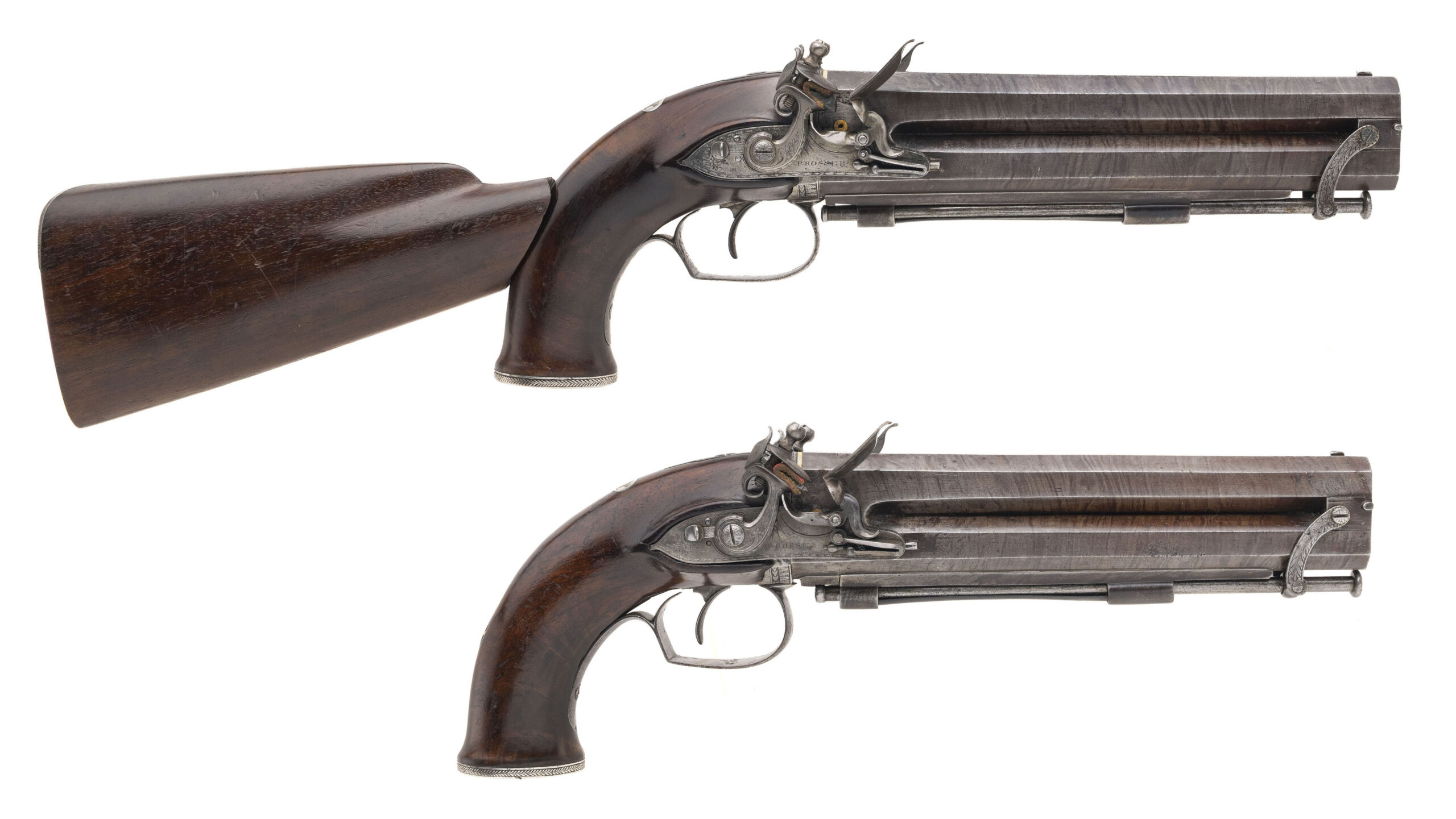 Gigantic Pair of Over/ Under Flintlock Pistols by Prosser W/ Stock (77700)